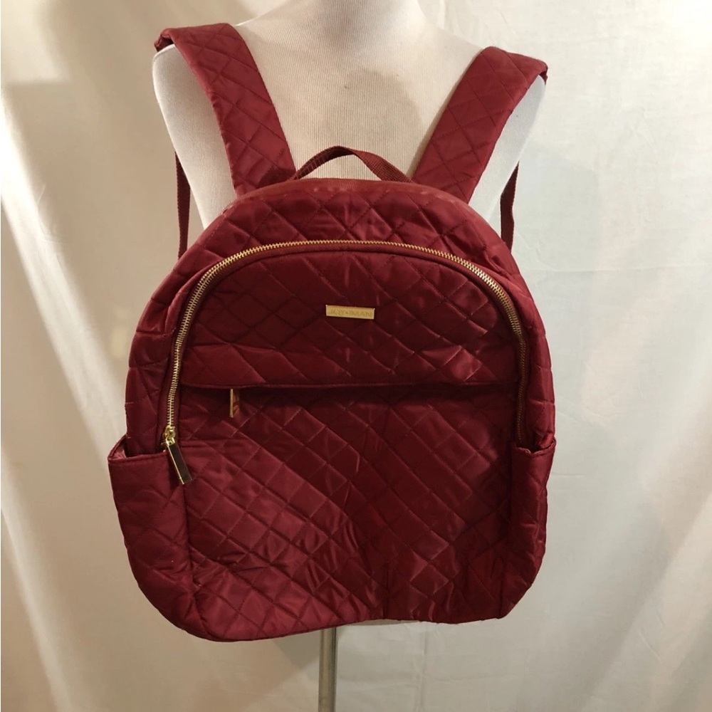 Joy & Iman Red Diamond Quilted Nylon Backpack - 15” X 15”x 4.5”